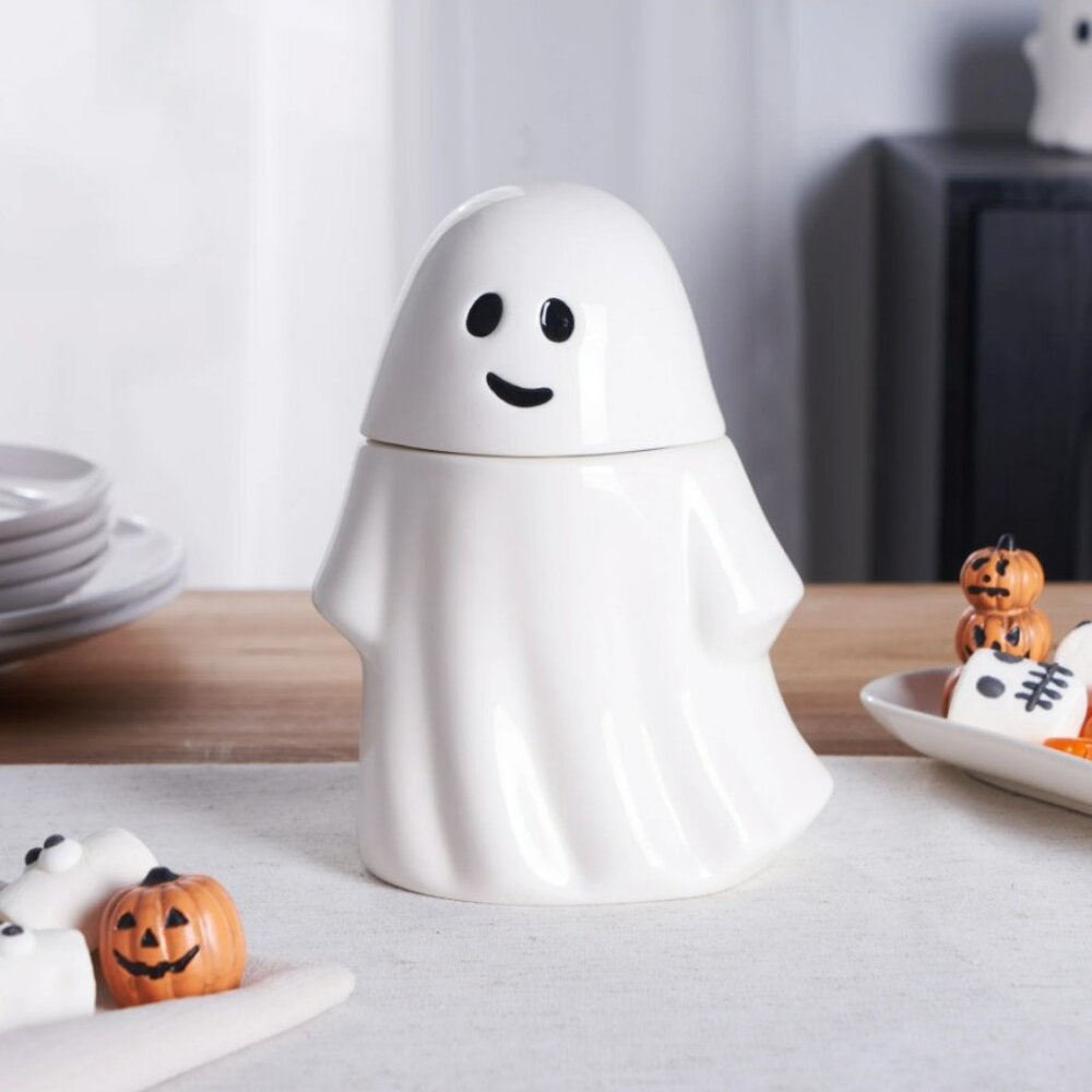 NEW Ceramic Ghost Cookie Jar Treat Food Storage Candy Kitchen Decor White Party - Picture 2 of 14